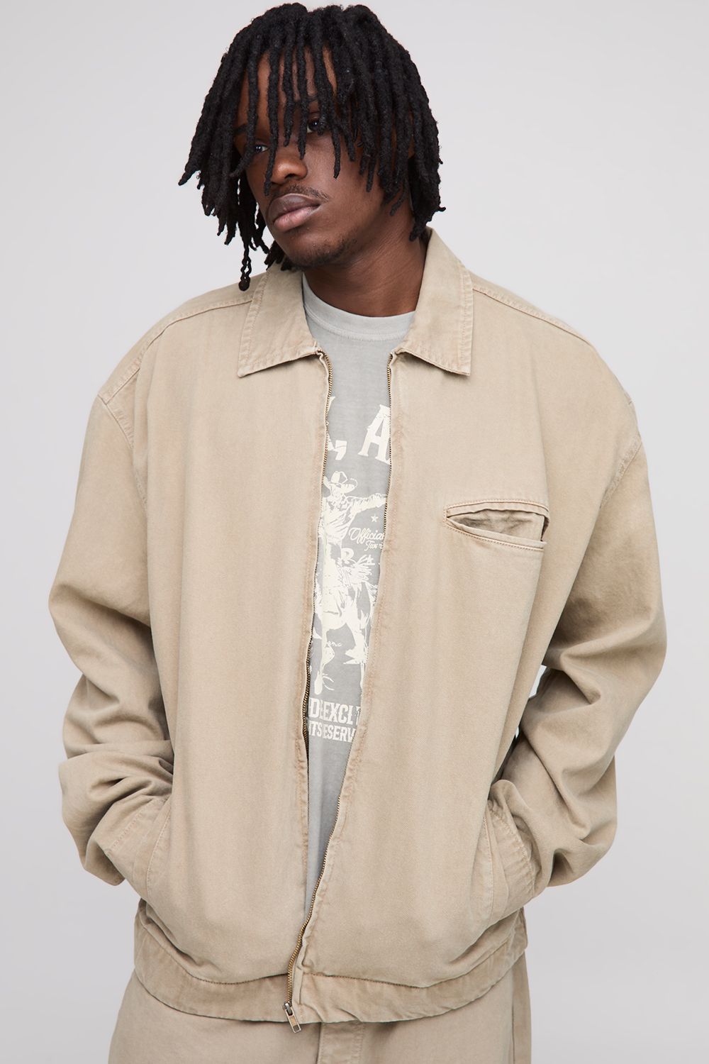 Tall Oversized Boxy Washed Zip Up Denim Overshirt - Washed Khaki - L, Washed Khaki von boohoo