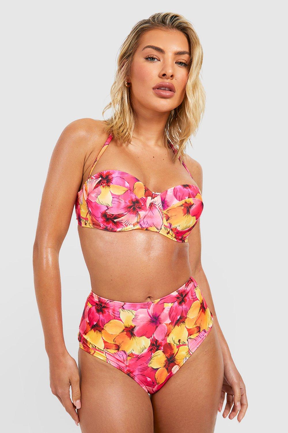 Tropenprint Bikinihose Mit Hohem Bund - Pink - 32, Pink von boohoo