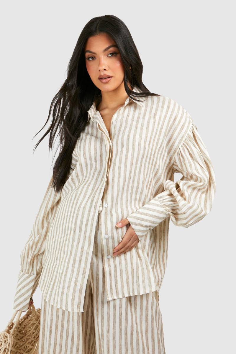 Umstandsmode Gestreiftes Oversize Leinen-Hemd - Stone - 34, Stone von boohoo