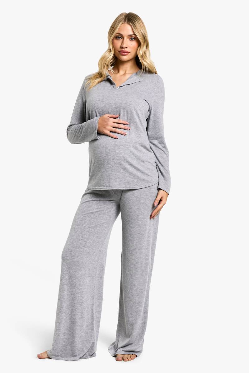 Umstandsmode Langärmliges Pyjama-Set Mit Knöpfen & Hose Mit Weitem Bein - Grey Marl - 42, Grey Marl von boohoo