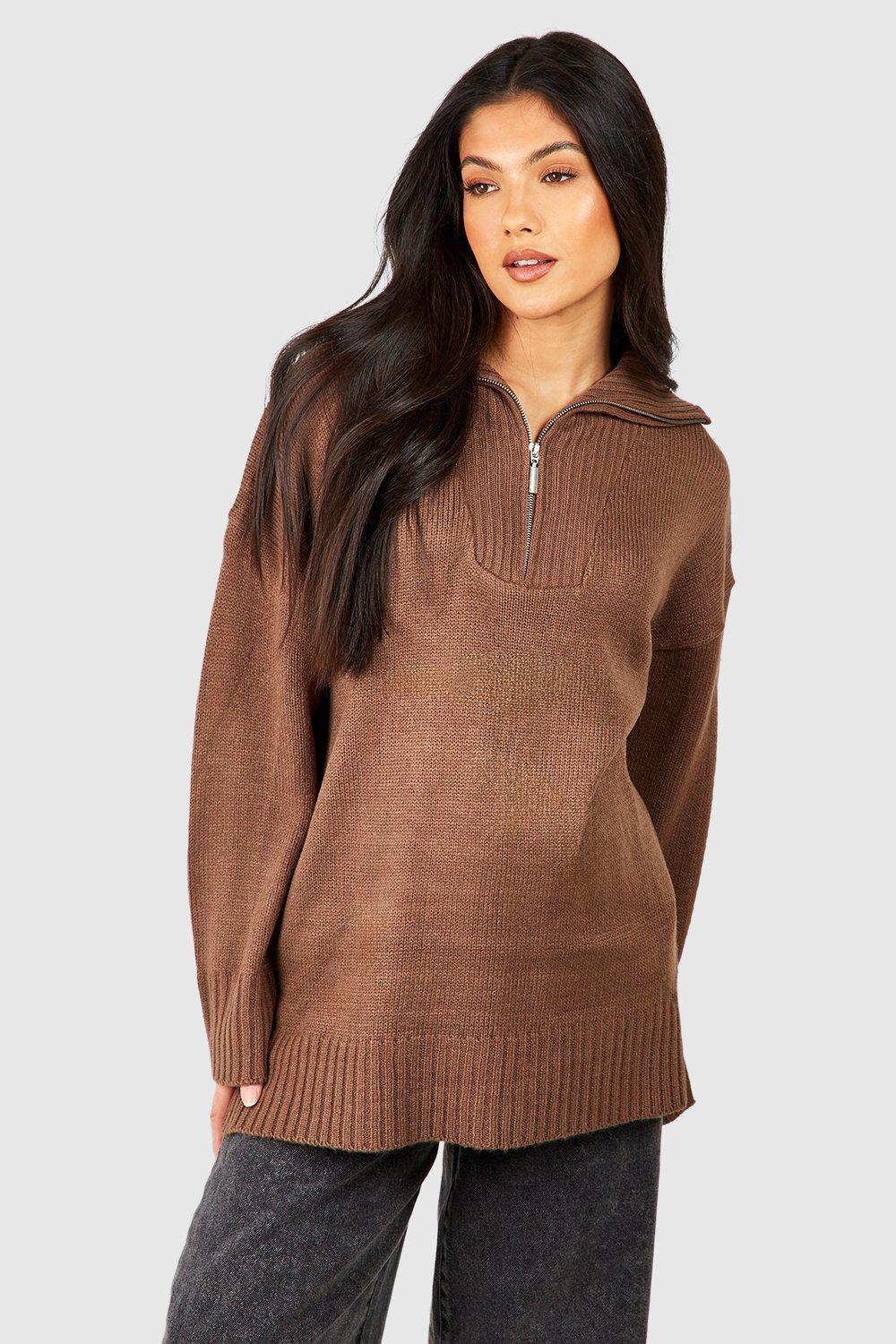 Umstandsmode Strickpullover Mit Reißverschluss Und Kragen - Brown - S, Brown von boohoo