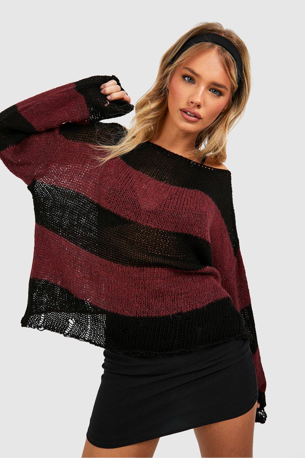 Weicher Zerrissener Pullover Mit Streifen - Berry - S, Berry von boohoo