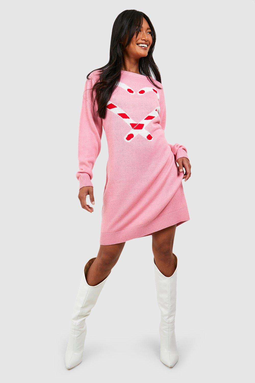 Weihnachts-Pulloverkleid Mit Candy Cane Print - Pink - M, Pink von boohoo