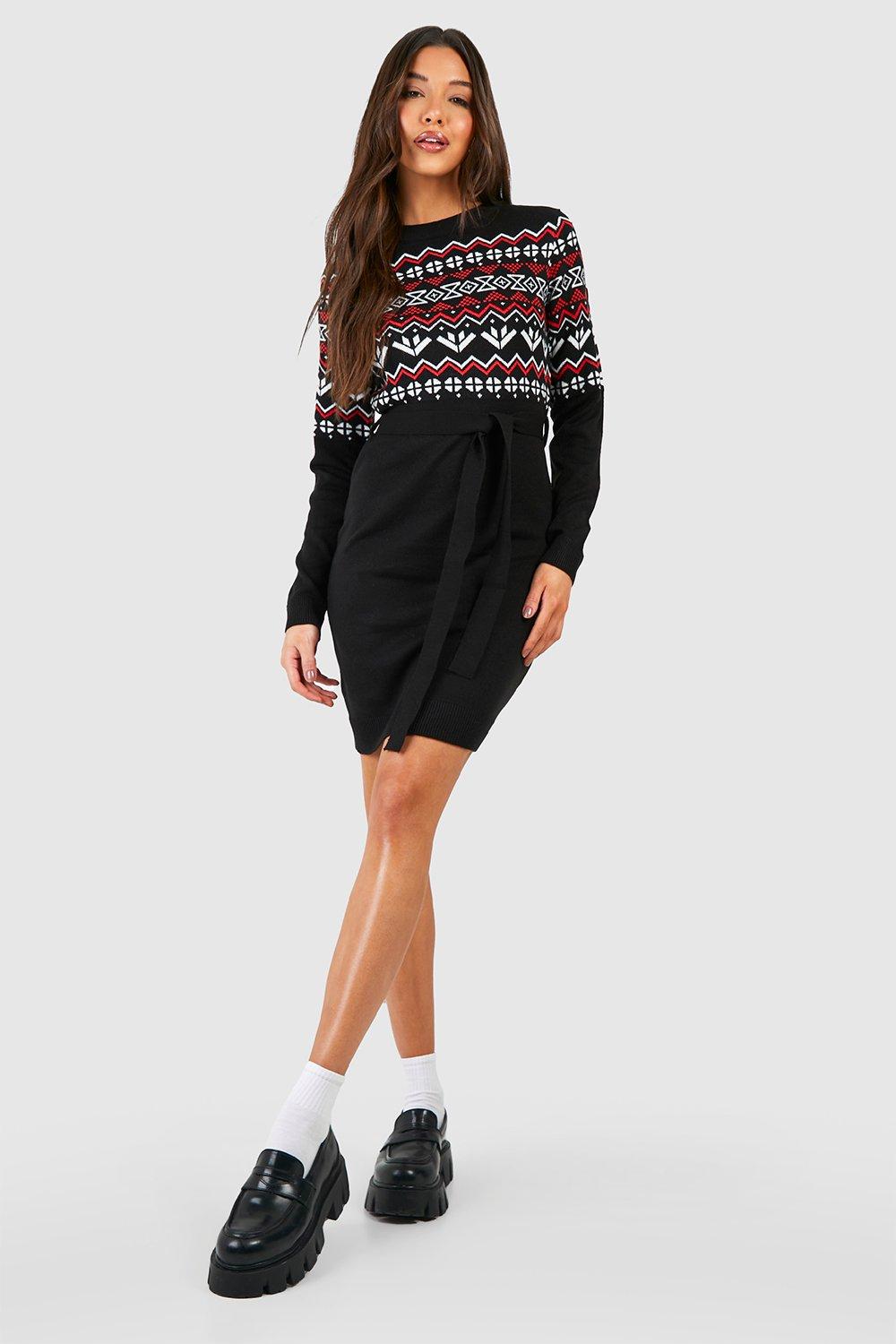 Weihnachts-Pulloverkleid Mit Gürtel - Black - S, Black von boohoo