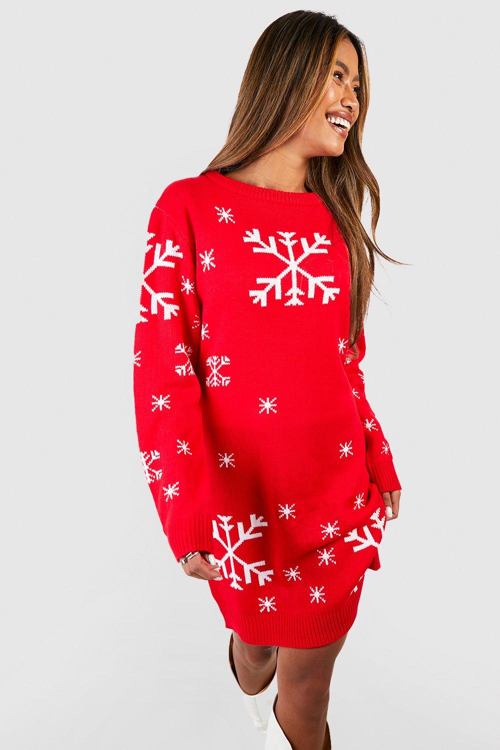Weihnachts-Pulloverkleid Mit Schneeflocken - Red - M, Red von boohoo