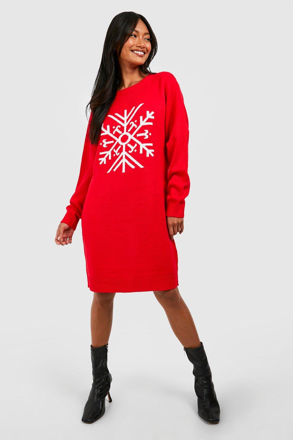 Weihnachts-Pulloverkleid Mit Schneeflocken - Red - S, Red von boohoo