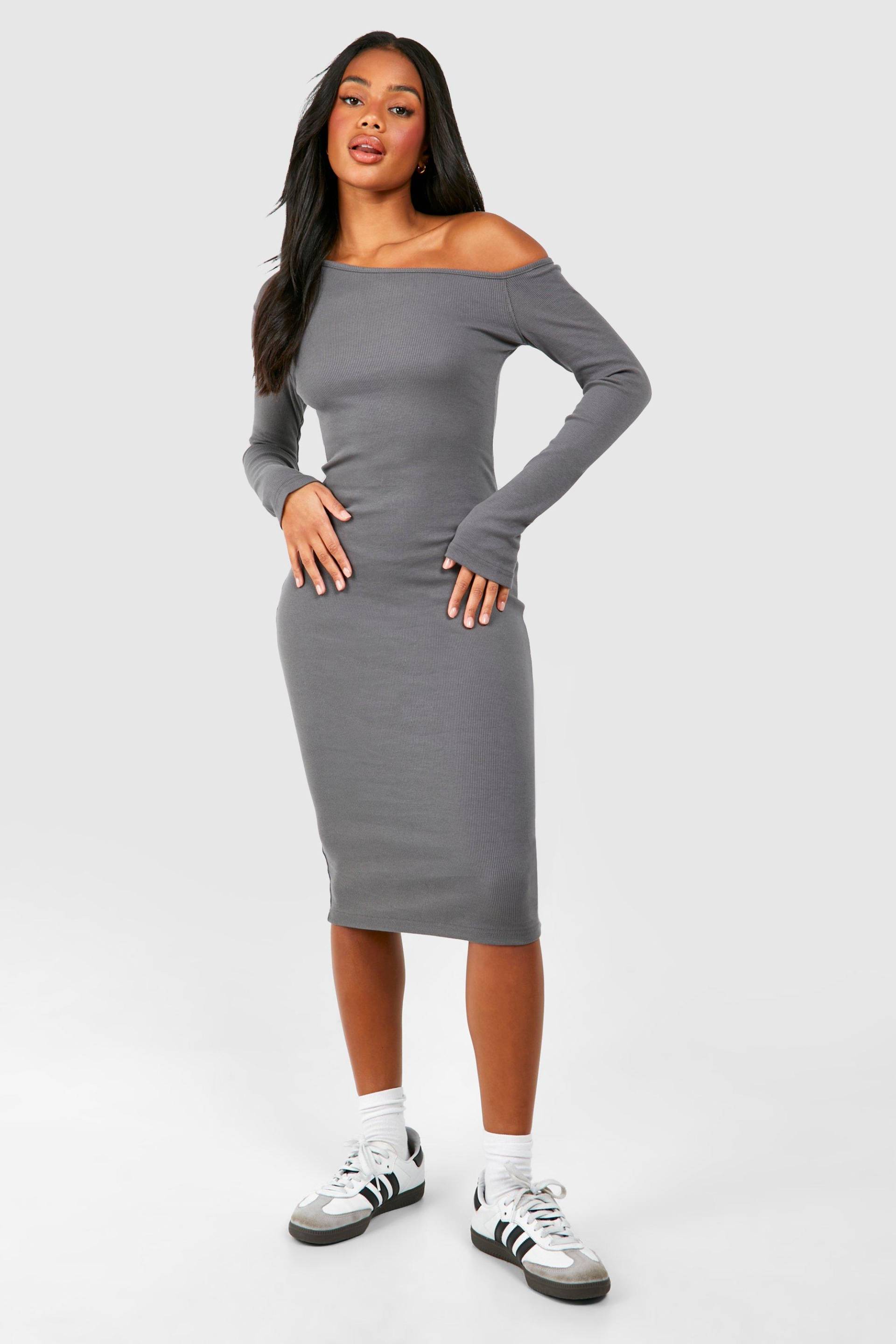 Asymmetrisches Geripptes Midikleid Mit Langen Ärmeln - Charcoal - 42, Charcoal von boohoo