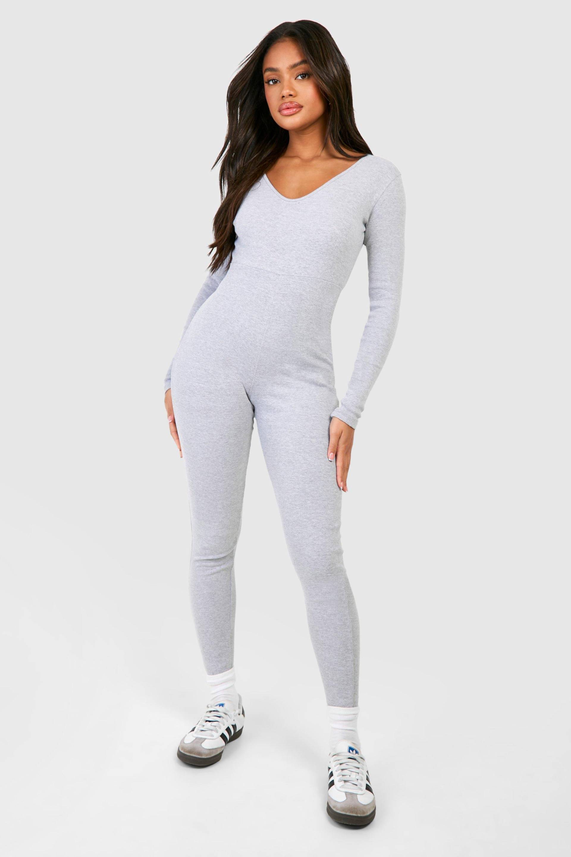 Womens Basic Rib Plunge Unitard Jumpsuit - Grey - 12, Grey von boohoo