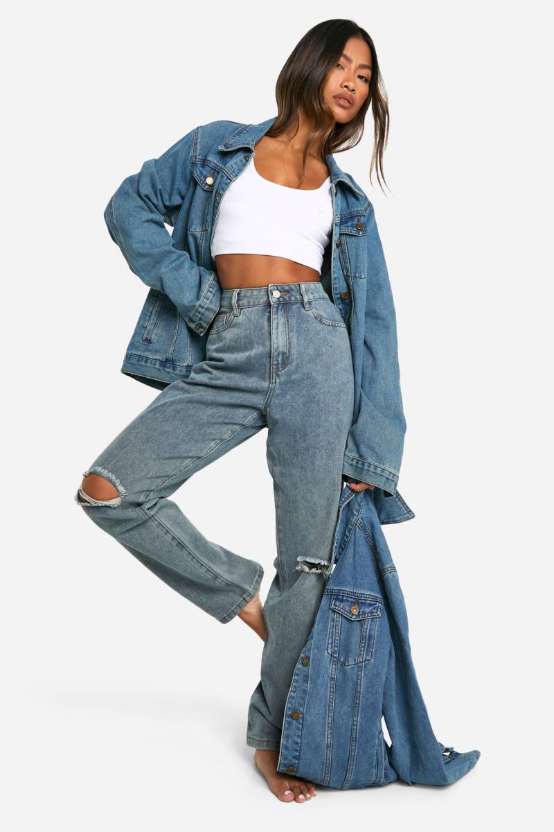 Basics Jeans Mit Hohem Bund Und Riss Am Knie - Washed Blue - 8/32L, Washed Blue von boohoo