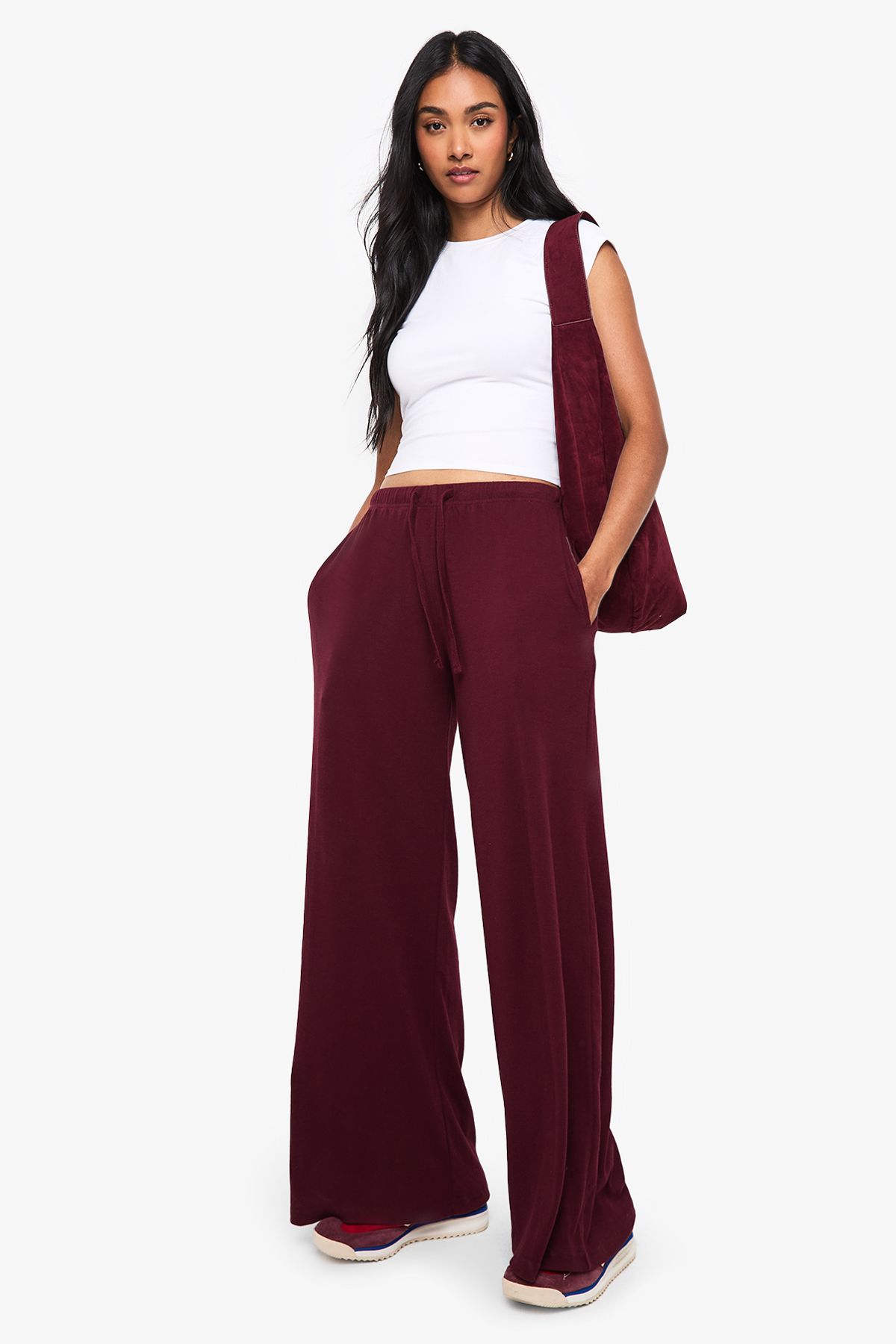 Womens Boohoo Basics Rib Straight Leg Trouser - Dark Red - 40, Dark Red von boohoo