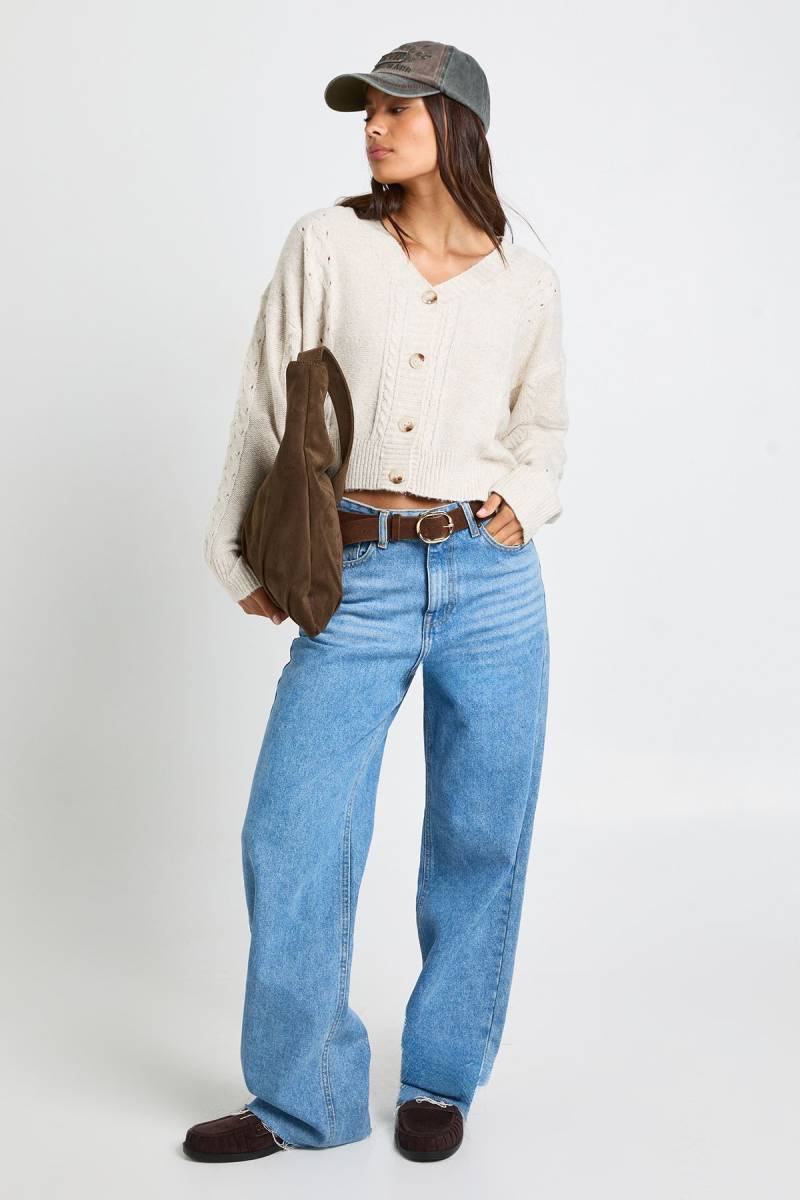 Womens Cable Knit Boxy Crop Cardigan - Stone - M, Stone von boohoo