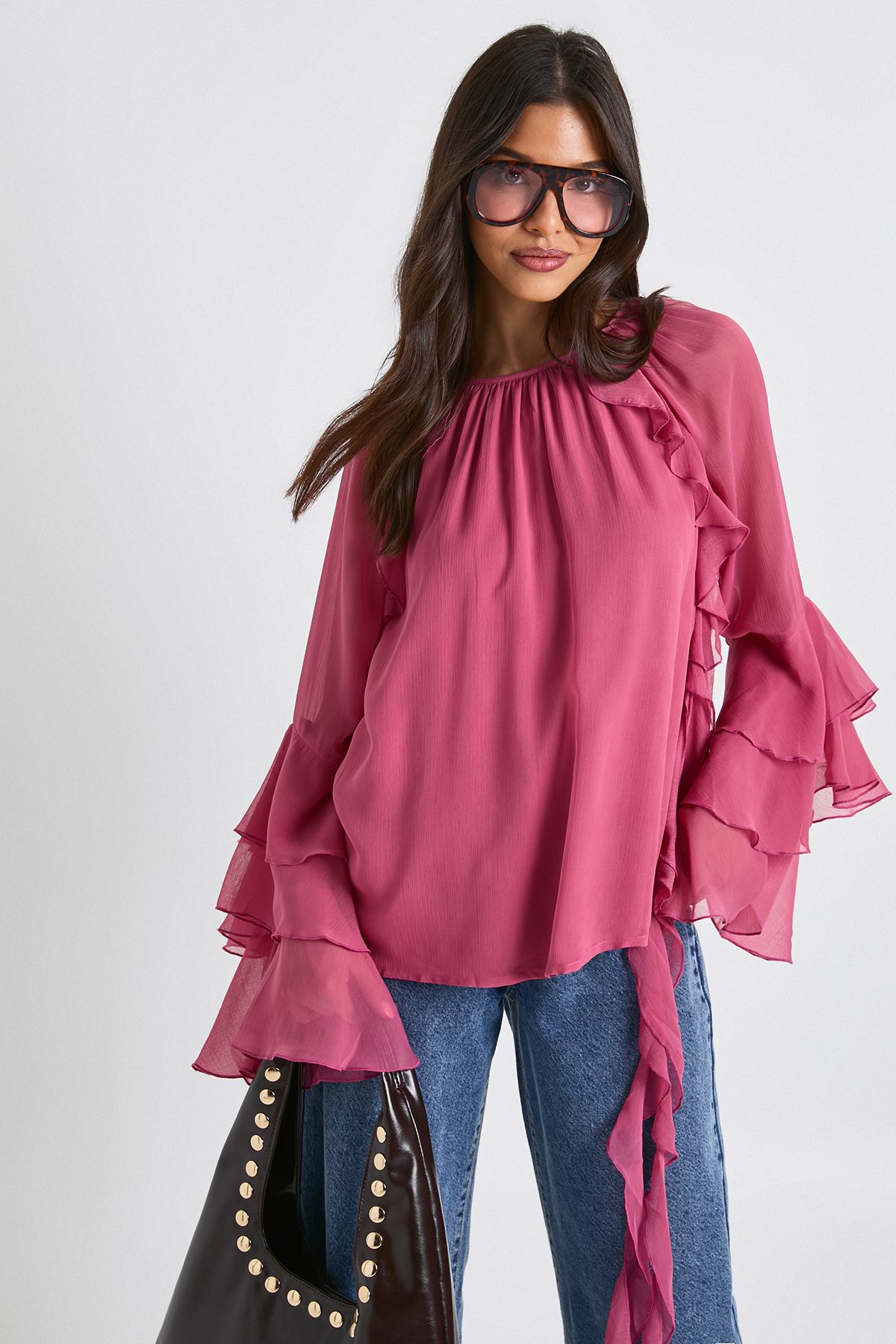 Womens Chiffon Ruffle Volume Sleeve Blouse - Pink - 36, Pink von boohoo
