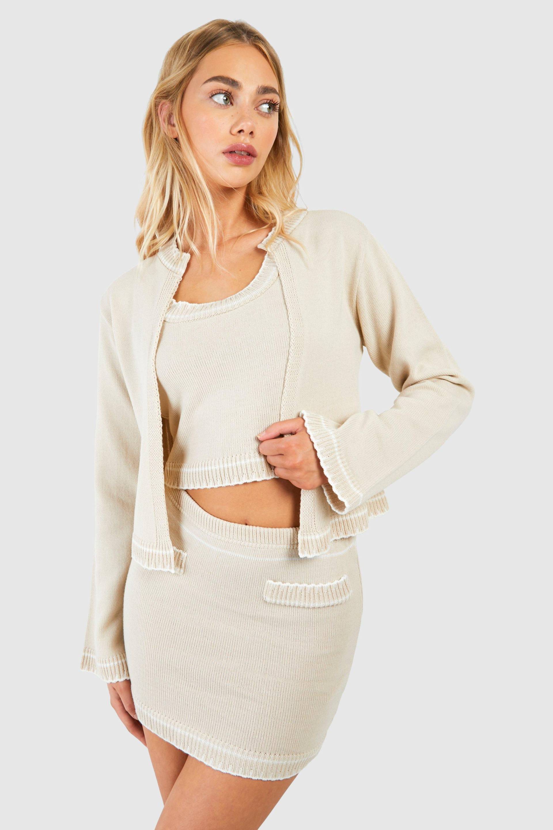 Womens Contrast Stitch 3 Piece Knitted Cardigan, Crop Top And Mini Skirt Set - Stone - L, Stone von boohoo