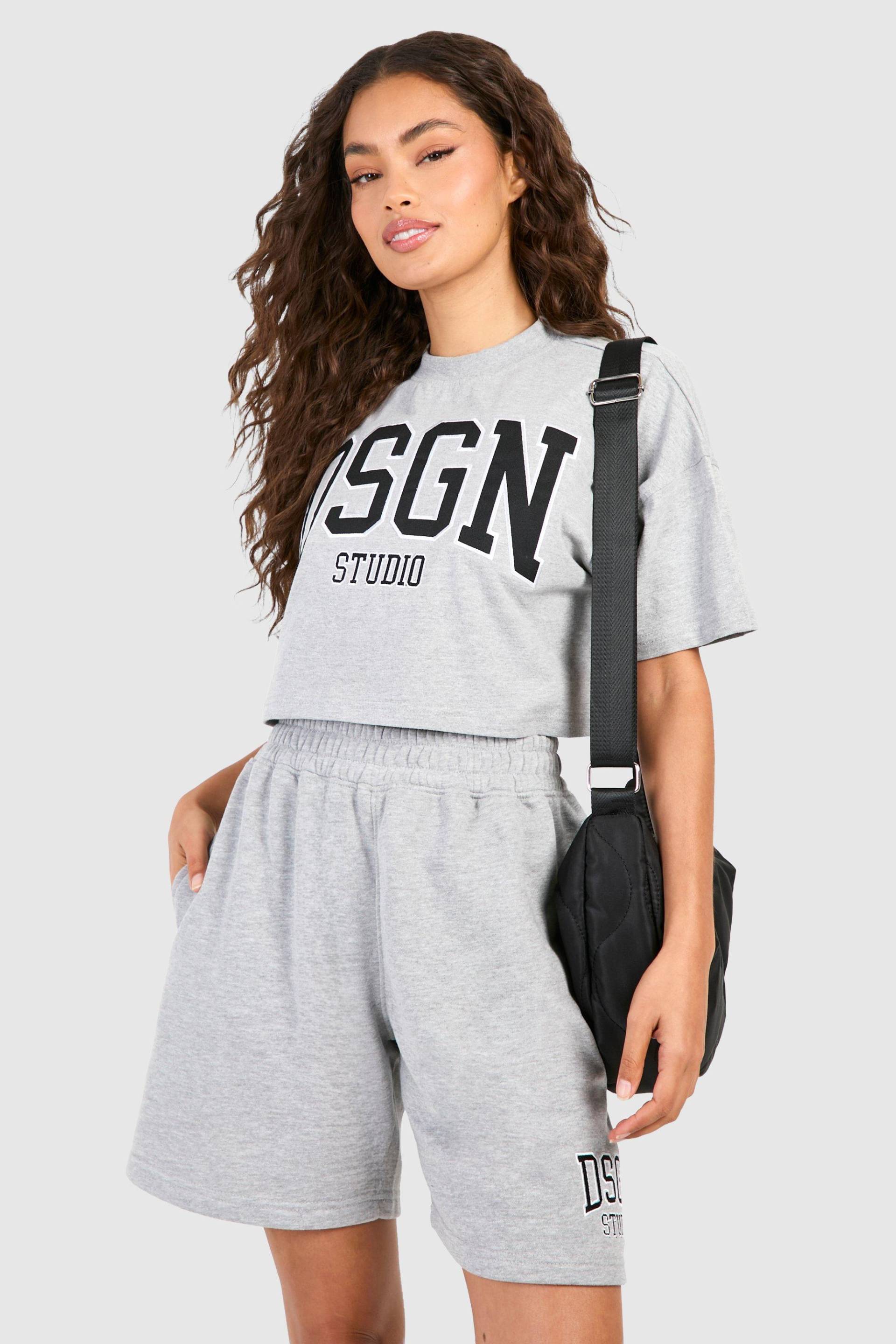 Womens Dsgn Studio Applique Crop T-Shirt And Short Set - Ash Grey - S, Ash Grey von boohoo