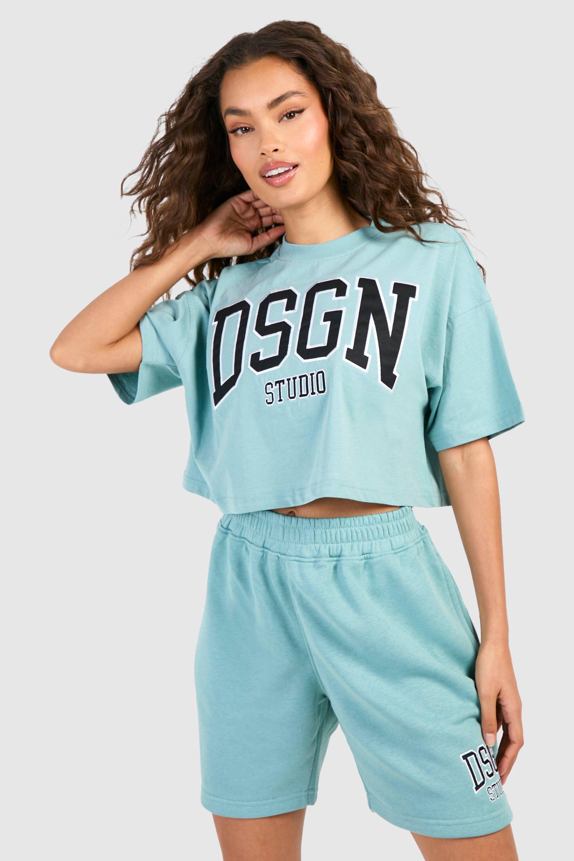 Womens Dsgn Studio Applique Crop T-Shirt And Short Set - Blue - L, Blue von boohoo