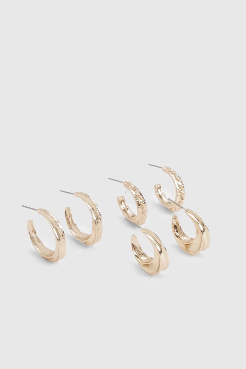 Womens Embossed Detail 3 Pack Hoop Earrings - Gold - One Size, Gold von boohoo