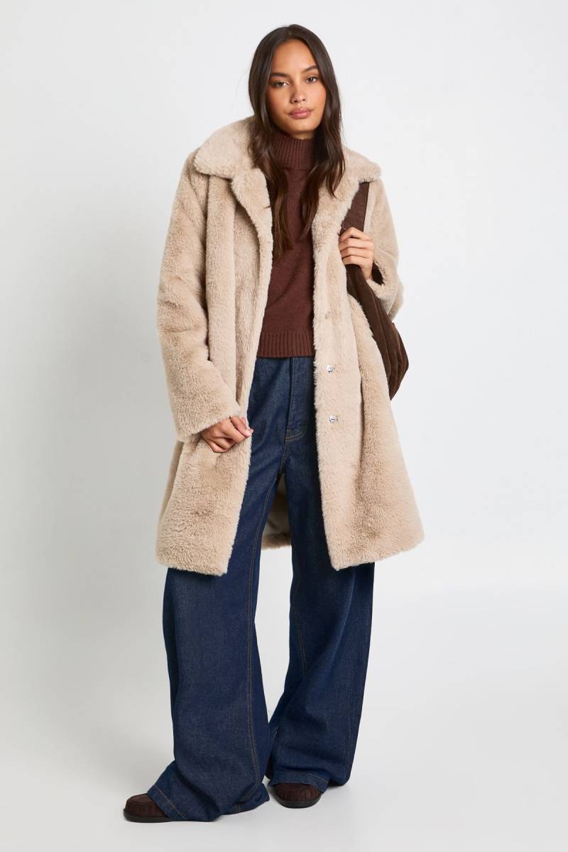 Womens Faux Fur Collared Midaxi Jacket - Stone - 40, Stone von boohoo