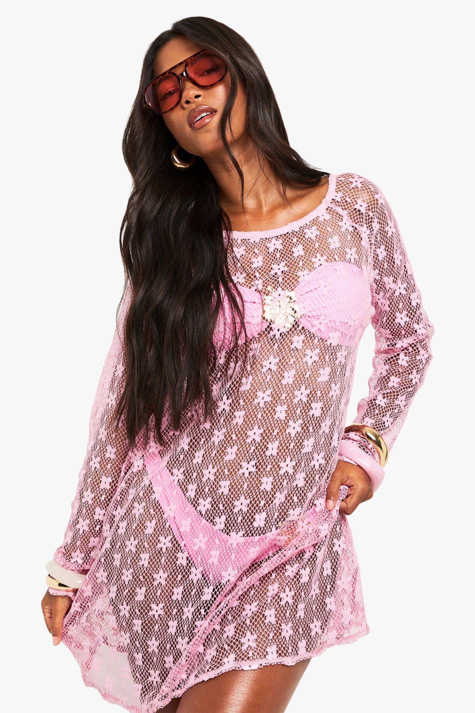Womens Floral Fishnet Beach Dress - Pink - S, Pink Womens Floral Fishnet Beach Dress - Pink - S, Pink von boohoo