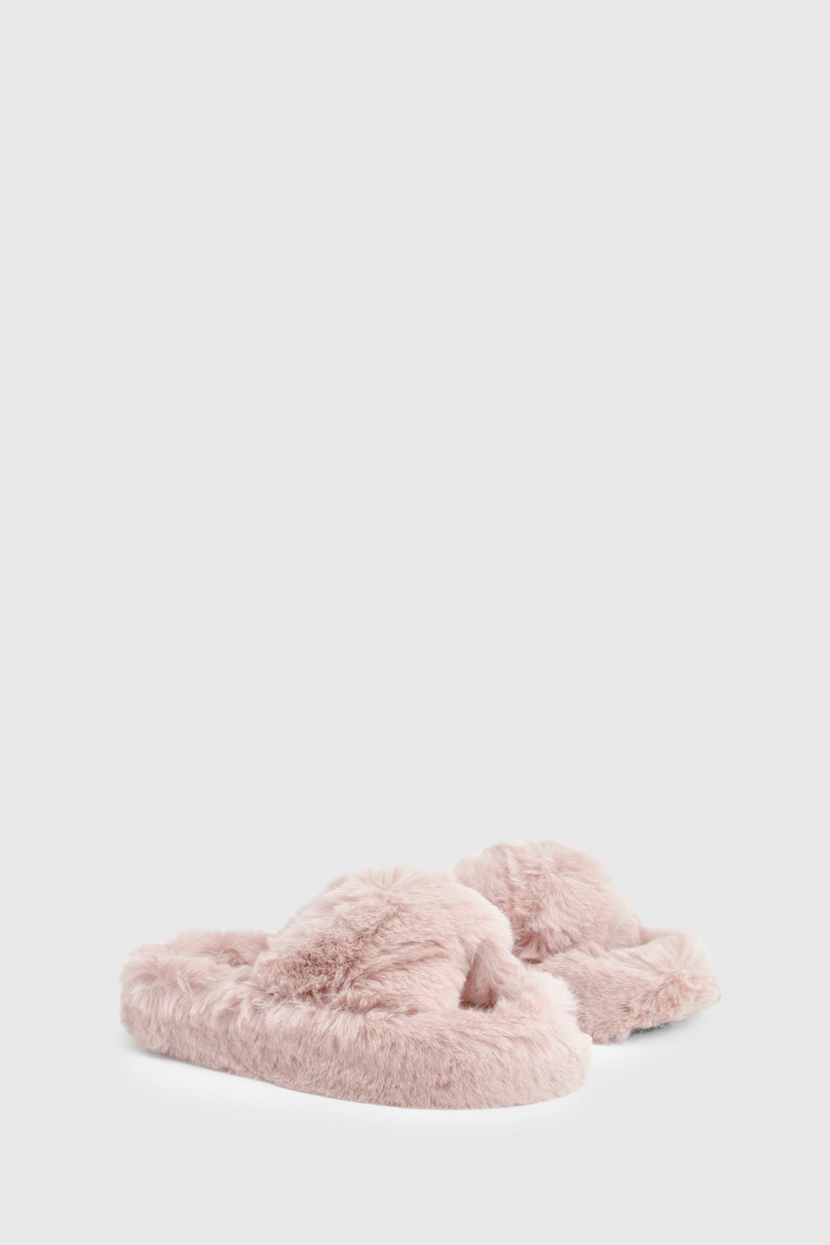 Womens Fluffy Cross Front Platform Slippers - Pink - M, Pink von boohoo