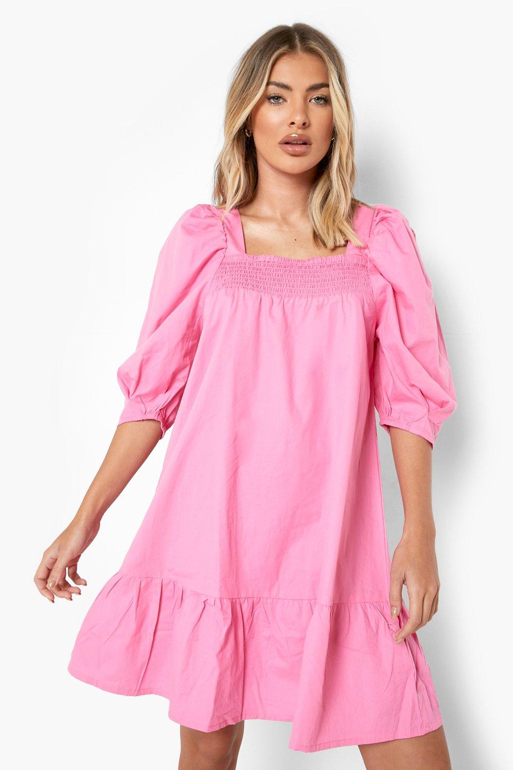 Baumwoll Smok-Kleid Mit Puffärmeln - Rosa - 36, Rosa von boohoo