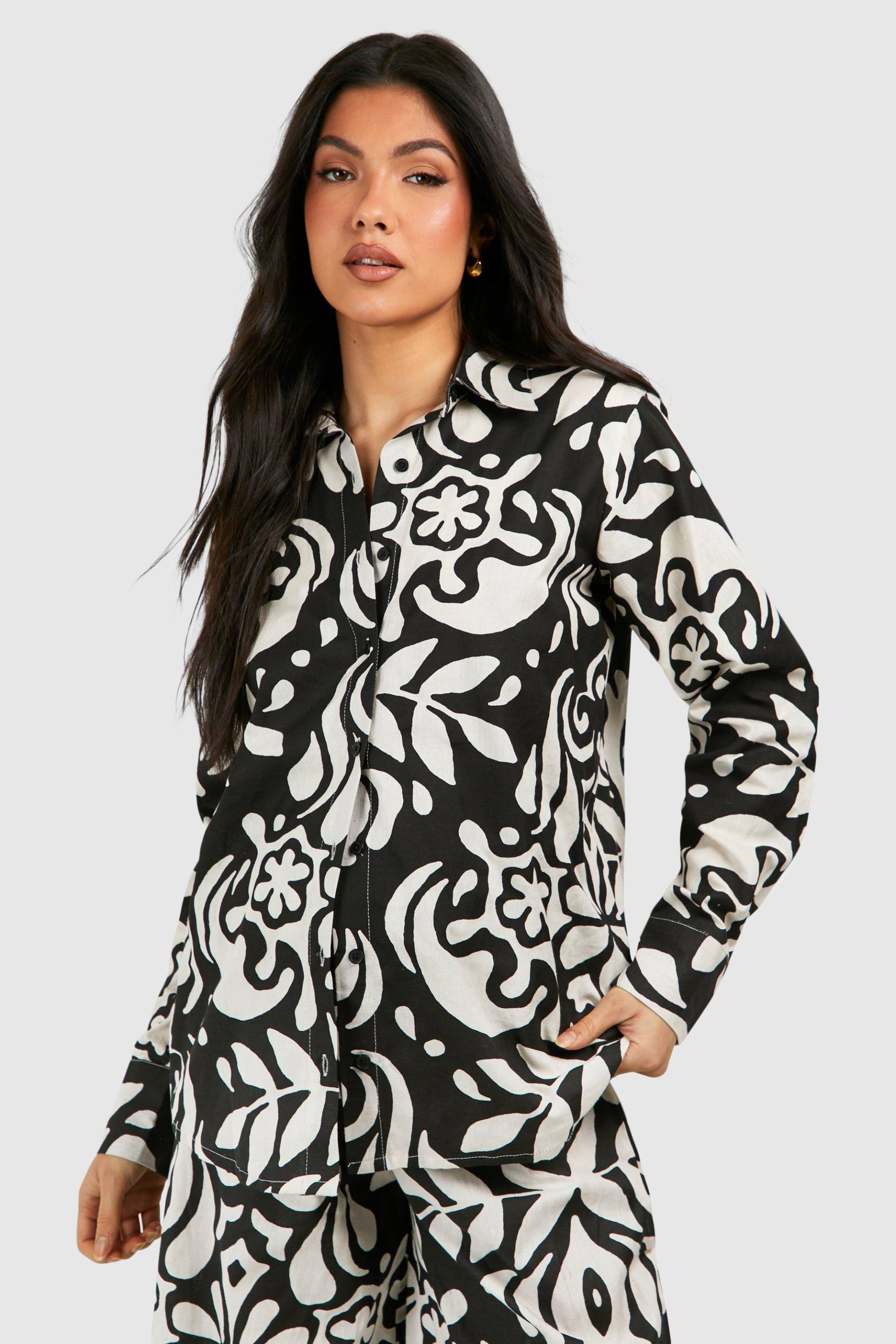 Womens Maternity Abstract Print Linen Look Oversized Shirt - Mono - 12, Mono von boohoo