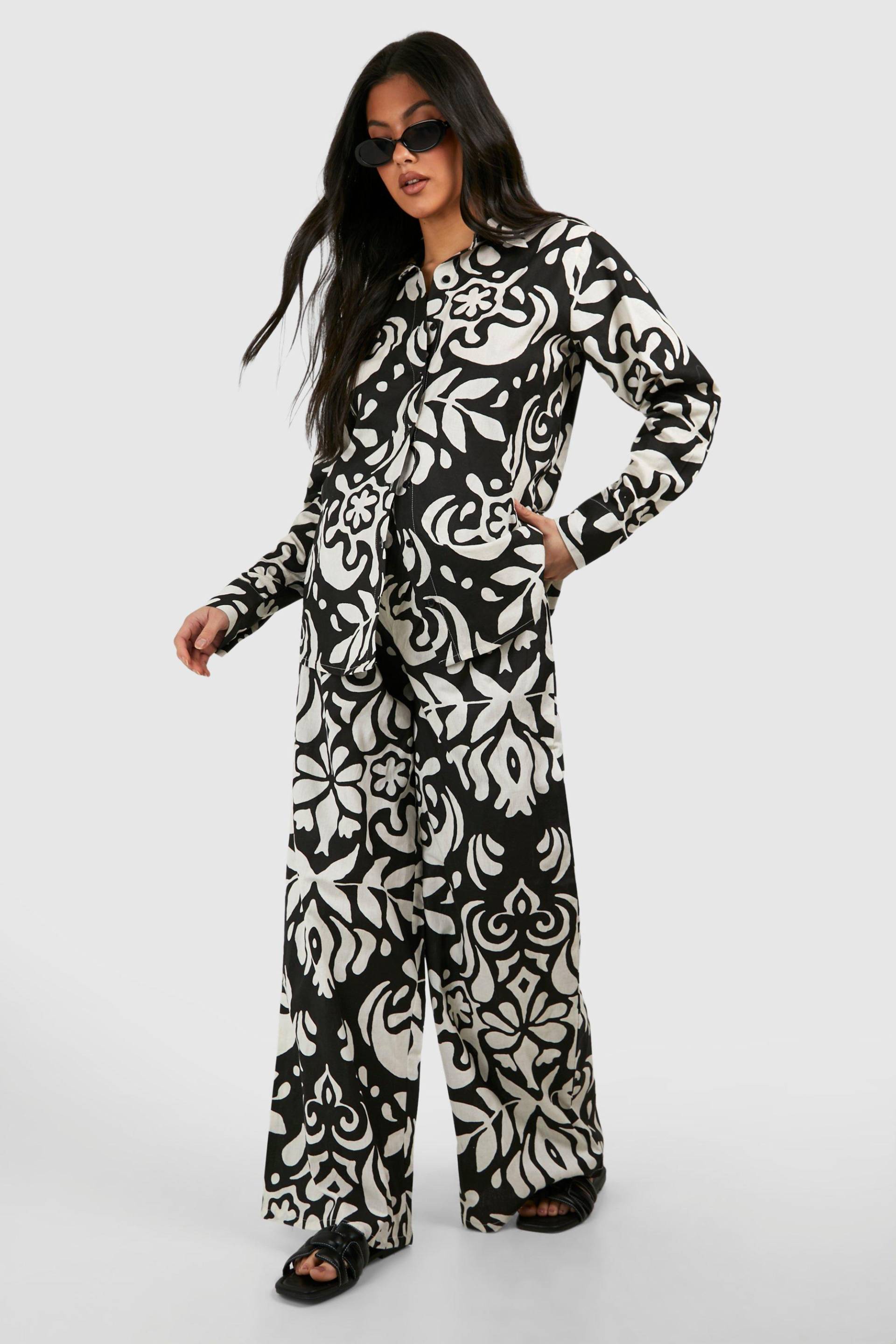 Womens Maternity Abstract Print Linen Look Wide Leg Trouser - Mono - 12, Mono von boohoo