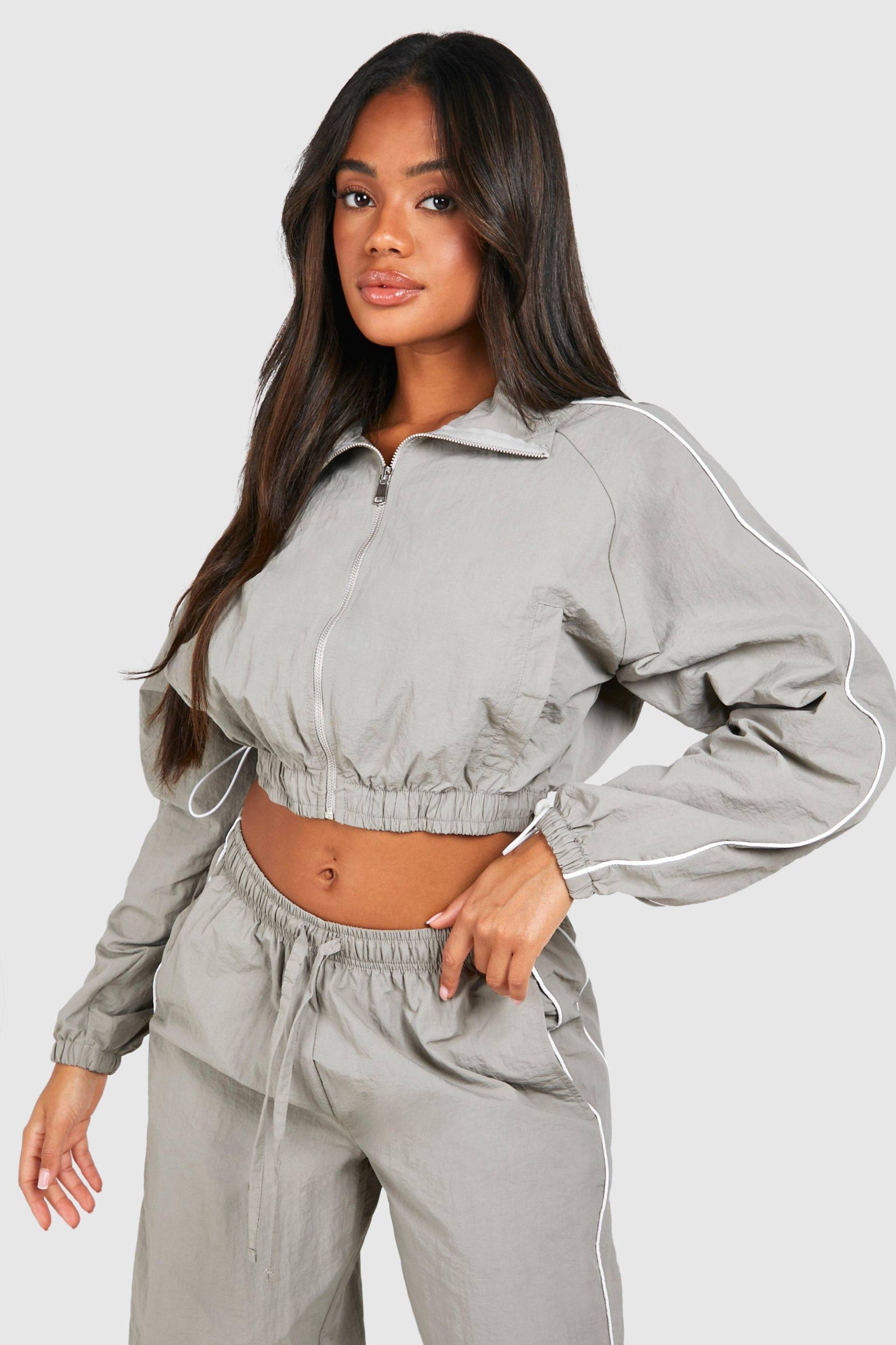 Womens Nylon Contrast Detail Cropped Jacket - Grey - L, Grey von boohoo