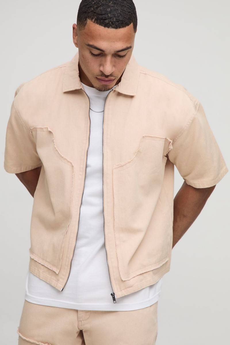 Womens Oversized Bleach Wash Raw Edge Carpenter Short Sleeve Overshirt - Pink - M, Pink von boohoo