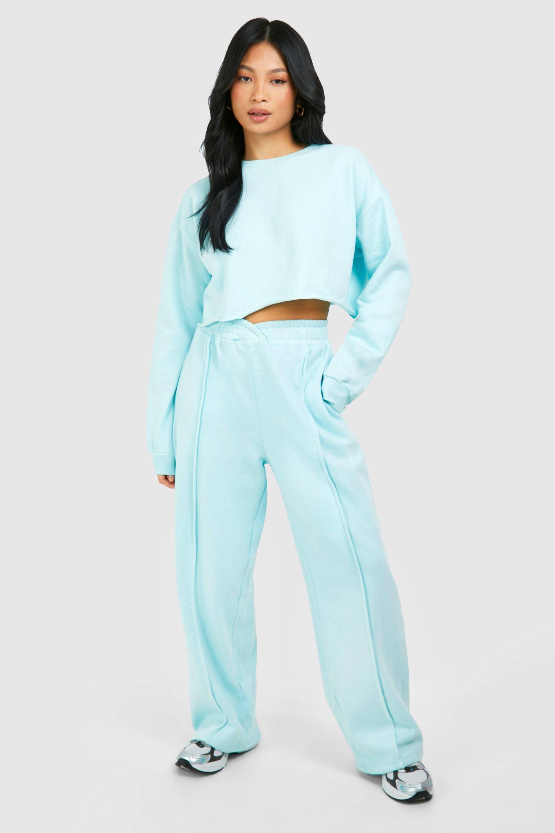 Womens Petite Cropped Sweatshirt Wide Leg Washed Tracksuit - Blue - M, Blue von boohoo