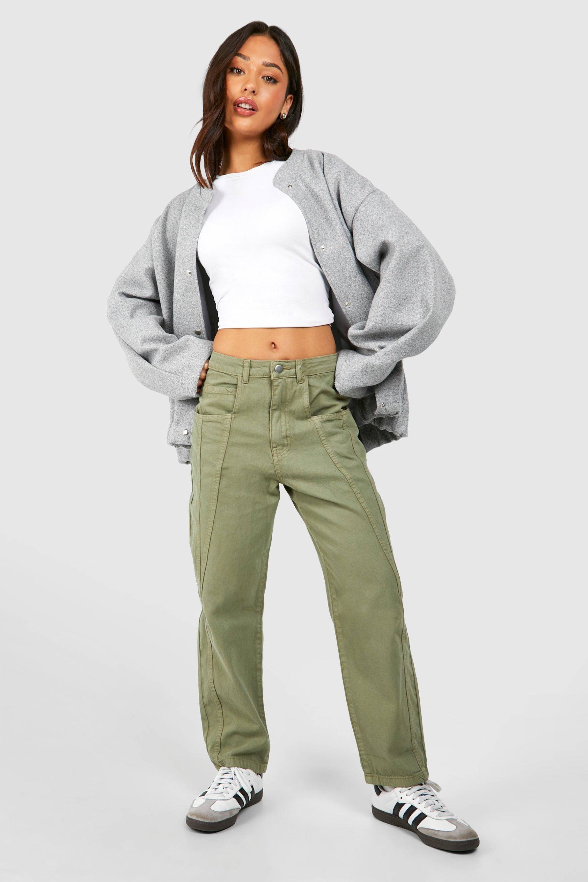 Petite Mom-Jeans Mit Naht-Detail - Khaki - 32, Khaki von boohoo