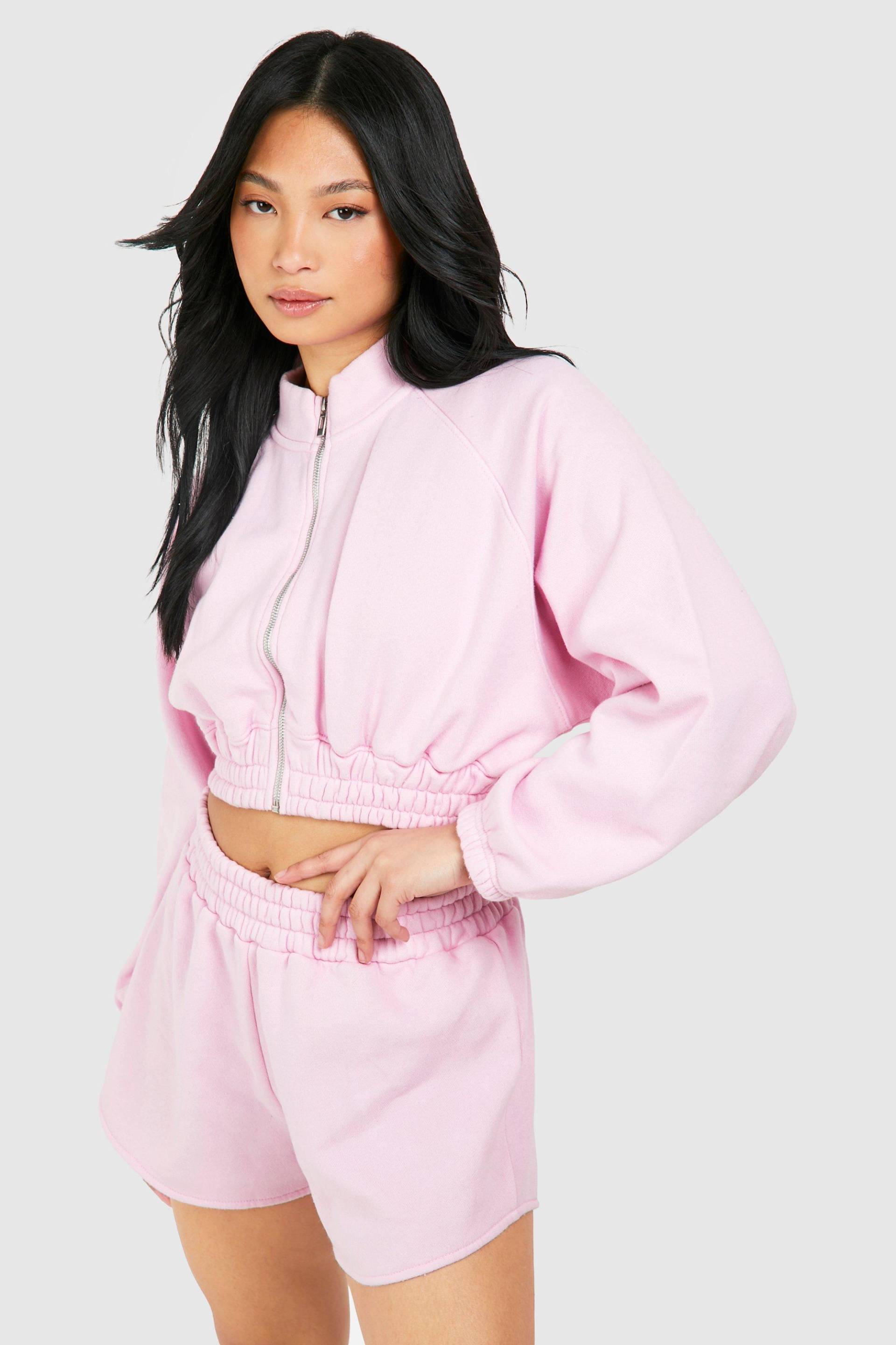 Womens Petite Washed Cropped Bomber Short Tracksuit - Baby Pink - S, Baby Pink von boohoo