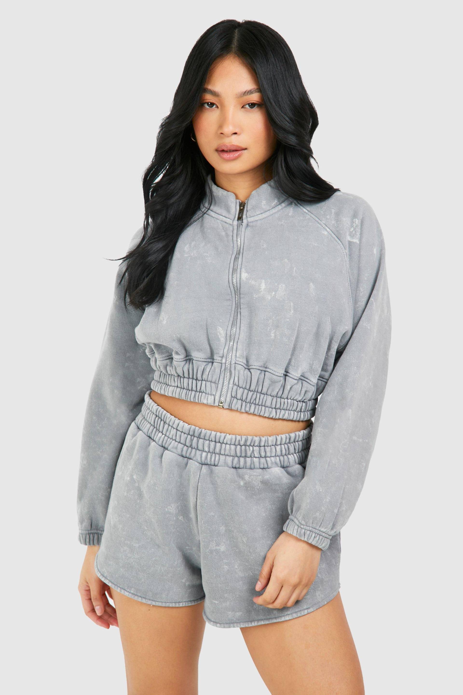 Womens Petite Washed Cropped Bomber Short Tracksuit - Grey - L, Grey von boohoo