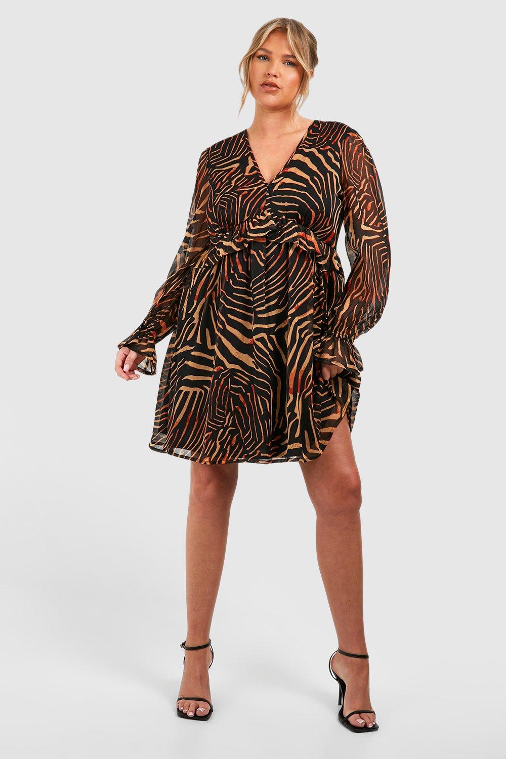 Plus Chiffon Smok-Kleid Mit Animalprint - Leopard - 42, Leopard von boohoo
