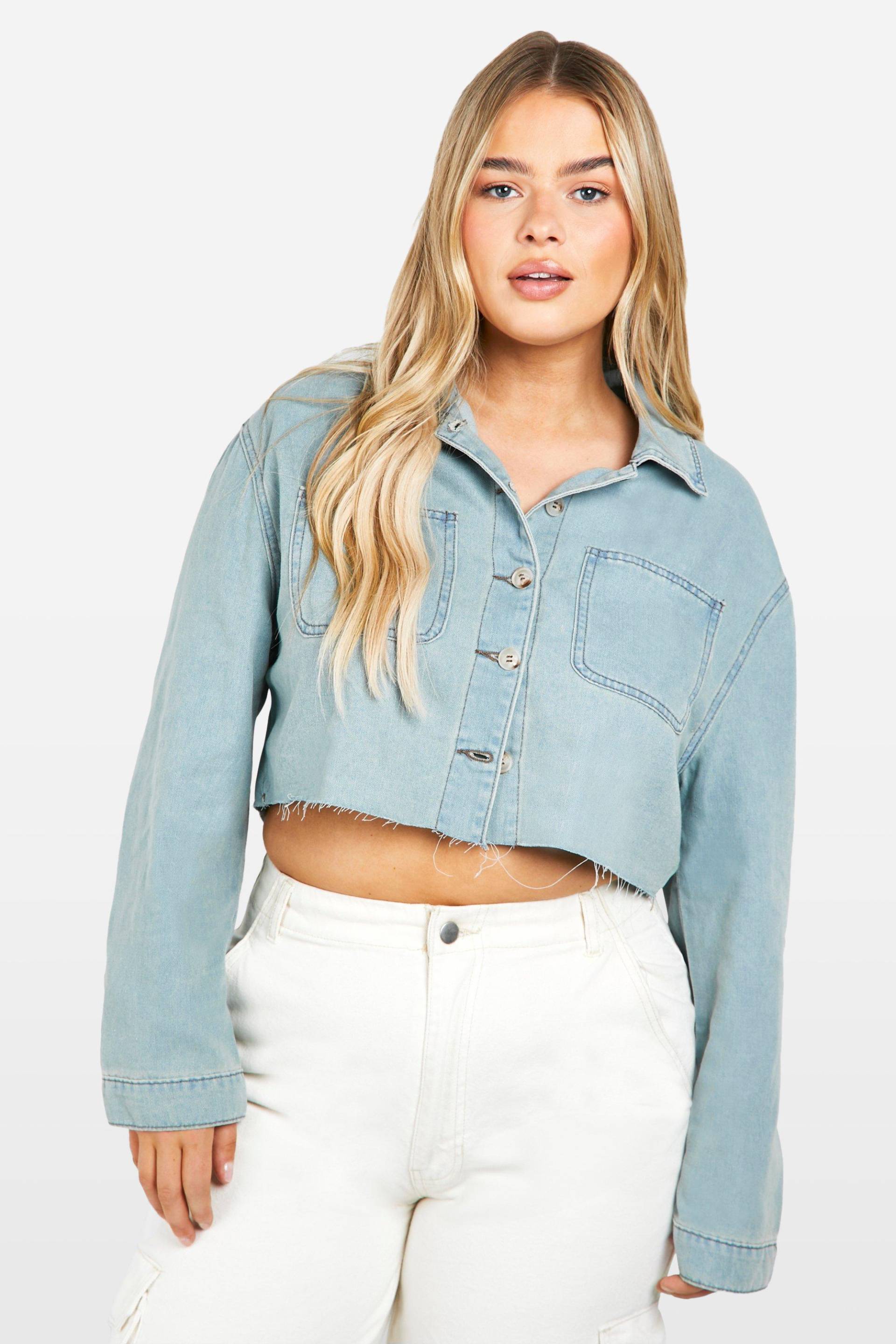 Womens Plus Light Weight Cropped Denim Long Sleeve Shirt - Light Blue - 16, Light Blue von boohoo