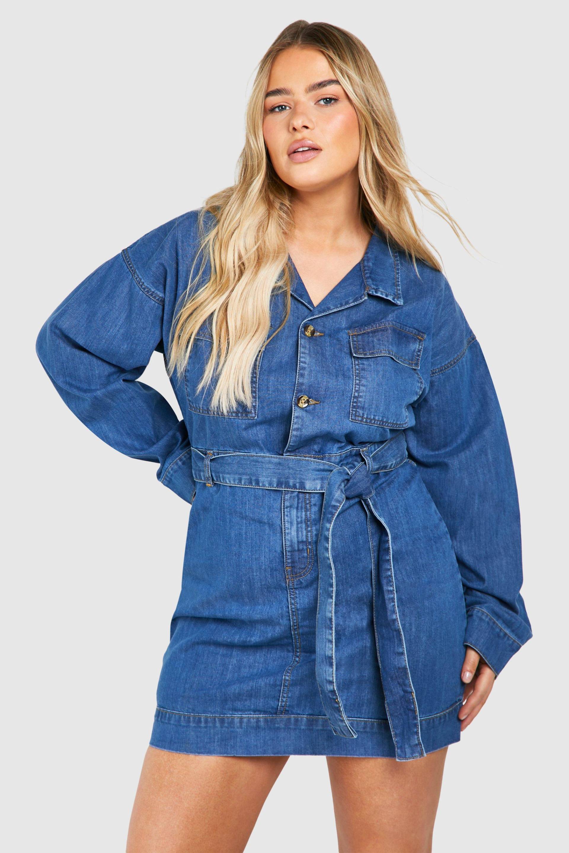 Plus Langärmliges Jeanskleid Mit Bindegürtel - Mid Blue - 44, Mid Blue von boohoo