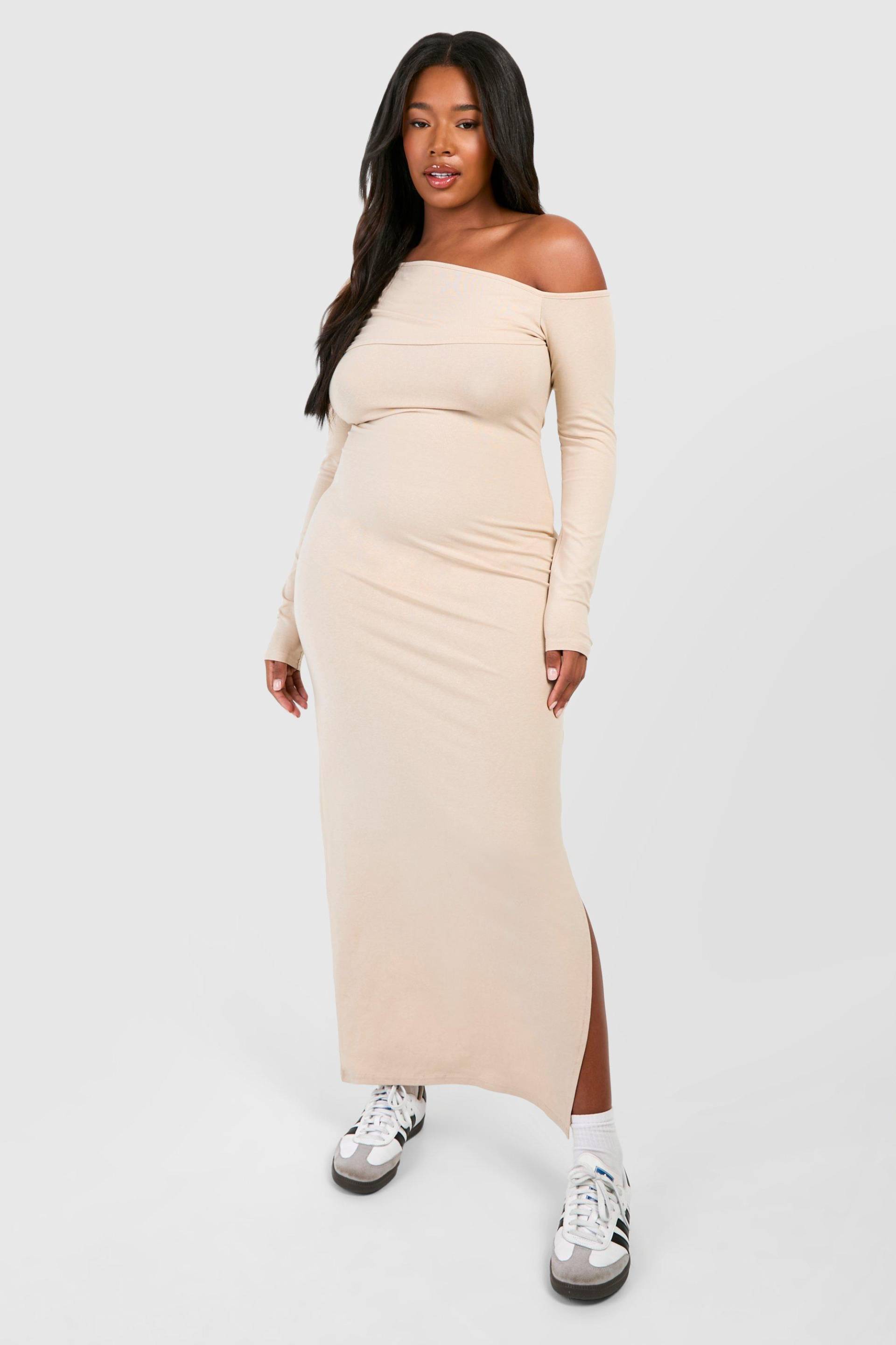 Womens Plus Ruched Bardot Long Sleeve Maxi Dress - Stone - 22, Stone von boohoo