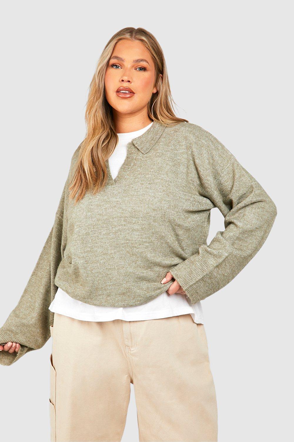 Plus Weicher Strick-Pullover Mit Polo-Kragen - Washed Khaki - 48-50, Washed Khaki von boohoo