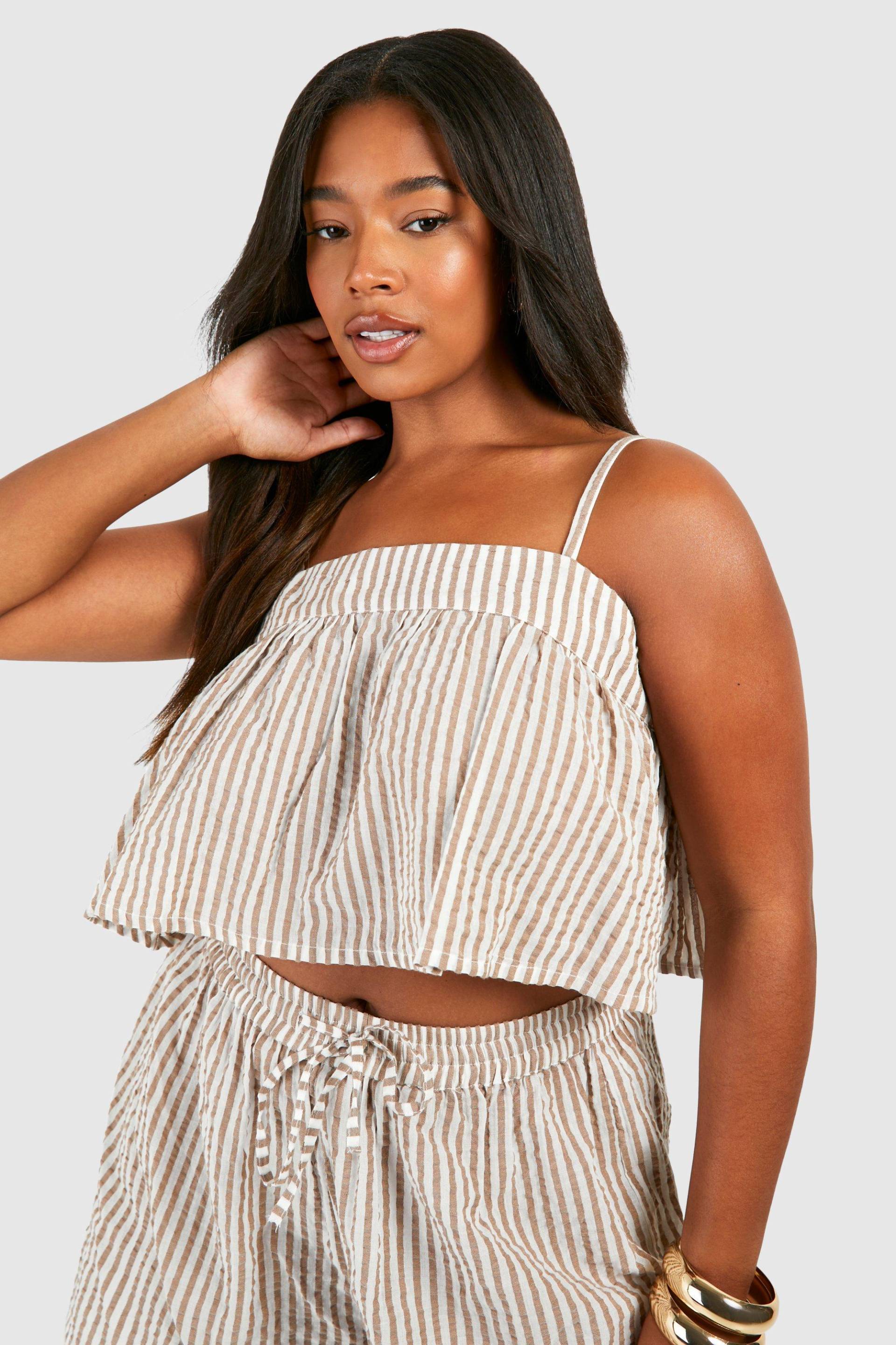 Womens Plus Woven Stripe Cami Crop Top - Stone - 18, Stone von boohoo