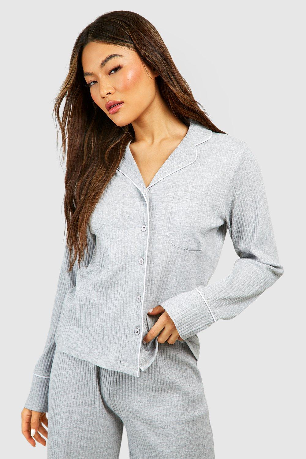 Langärmliges Geripptes Hemd Mit Knopfleiste - Grey Marl - 40, Grey Marl von boohoo