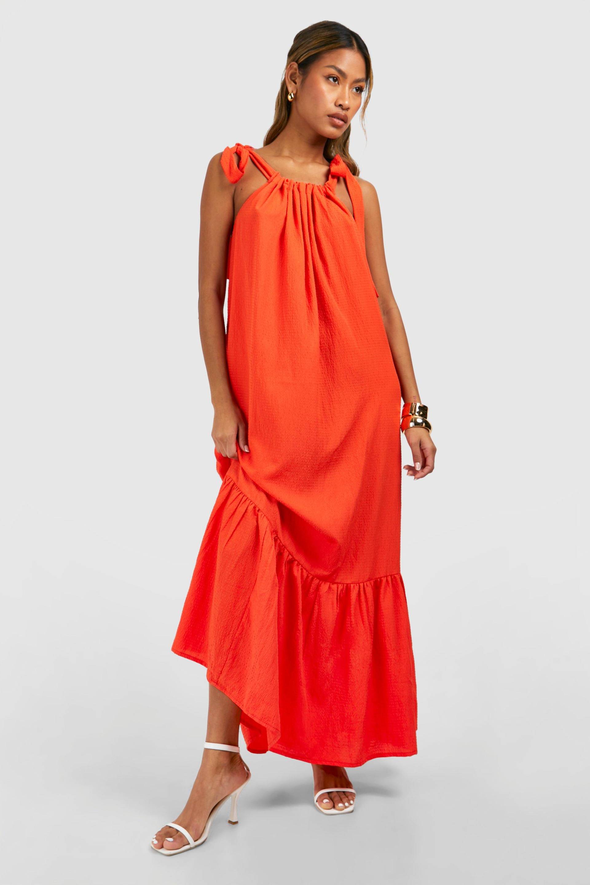 Womens Seersucker Tier Hem Maxi Dress - Burnt Orange - 10, Burnt Orange von boohoo