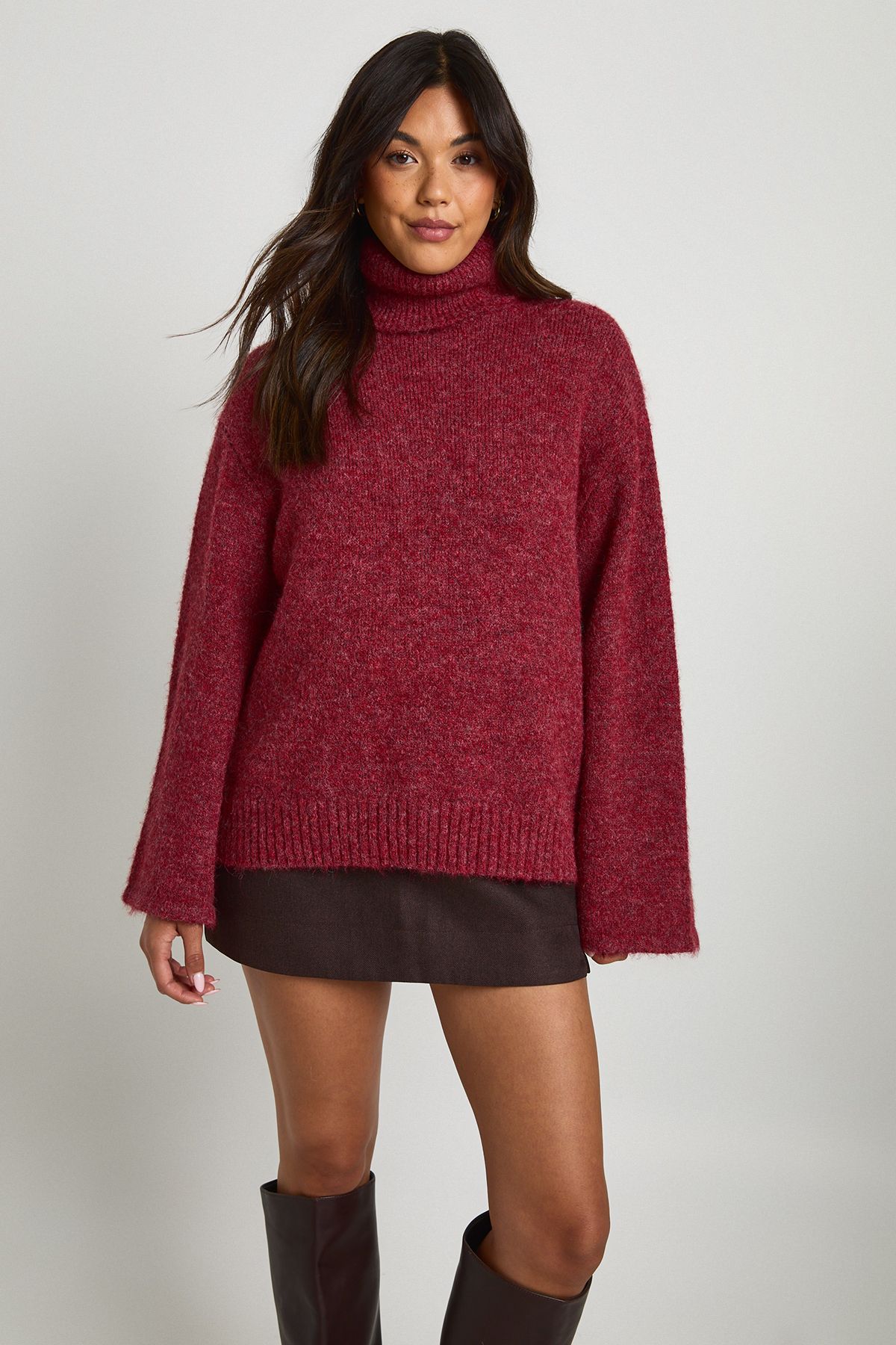 Womens Soft Knit Oversized Roll Neck Jumper - Burgundy - S, Burgundy von boohoo