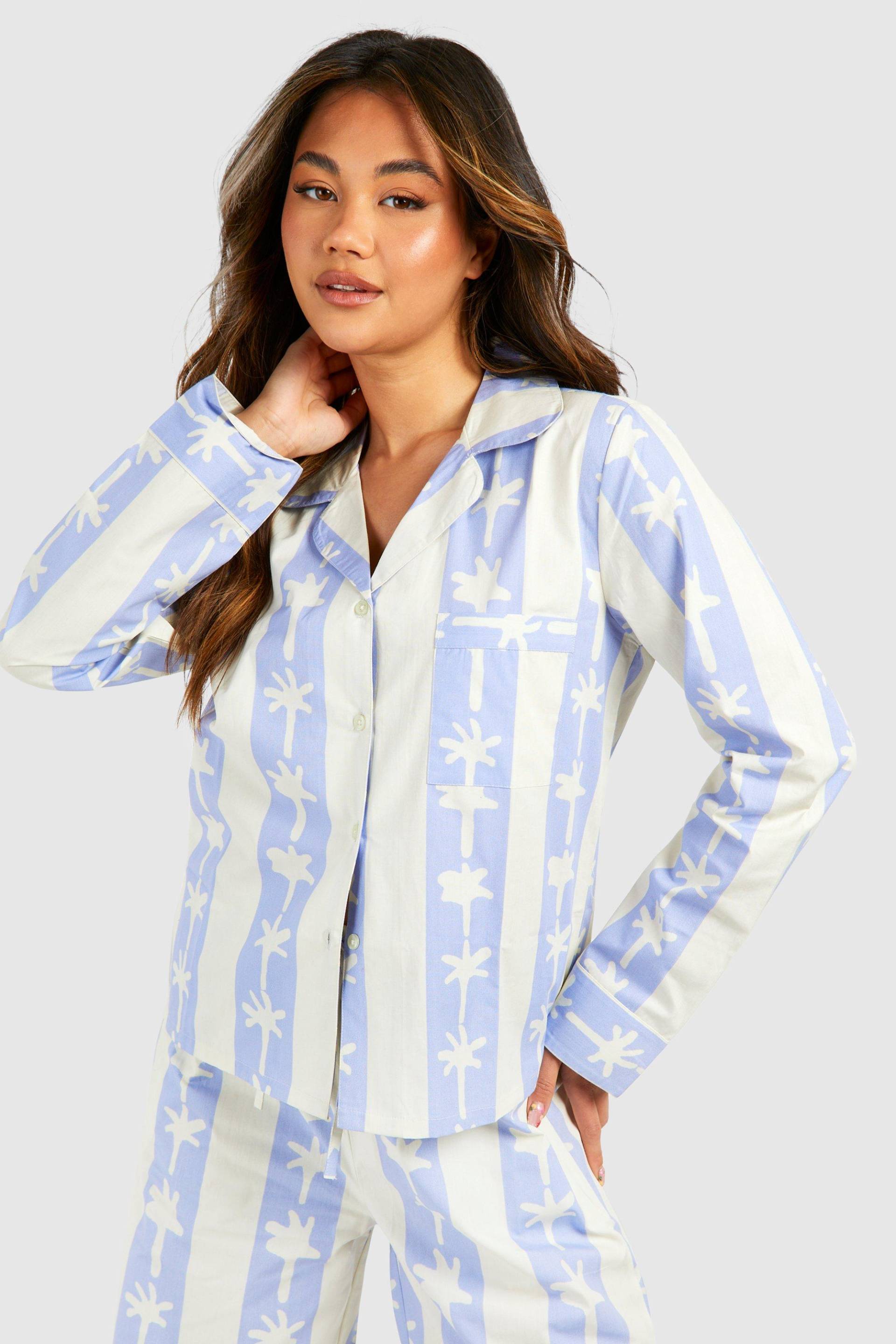 Womens Stripe Palm Print Long Sleeve Shirt - Baby Blue - 10, Baby Blue von boohoo