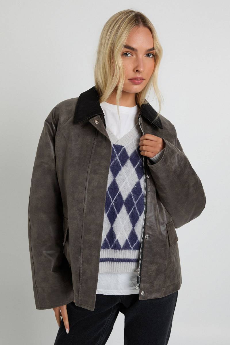 Womens Suede Look Contrast Stitching Collared Jacket - Charcoal - 36, Charcoal von boohoo