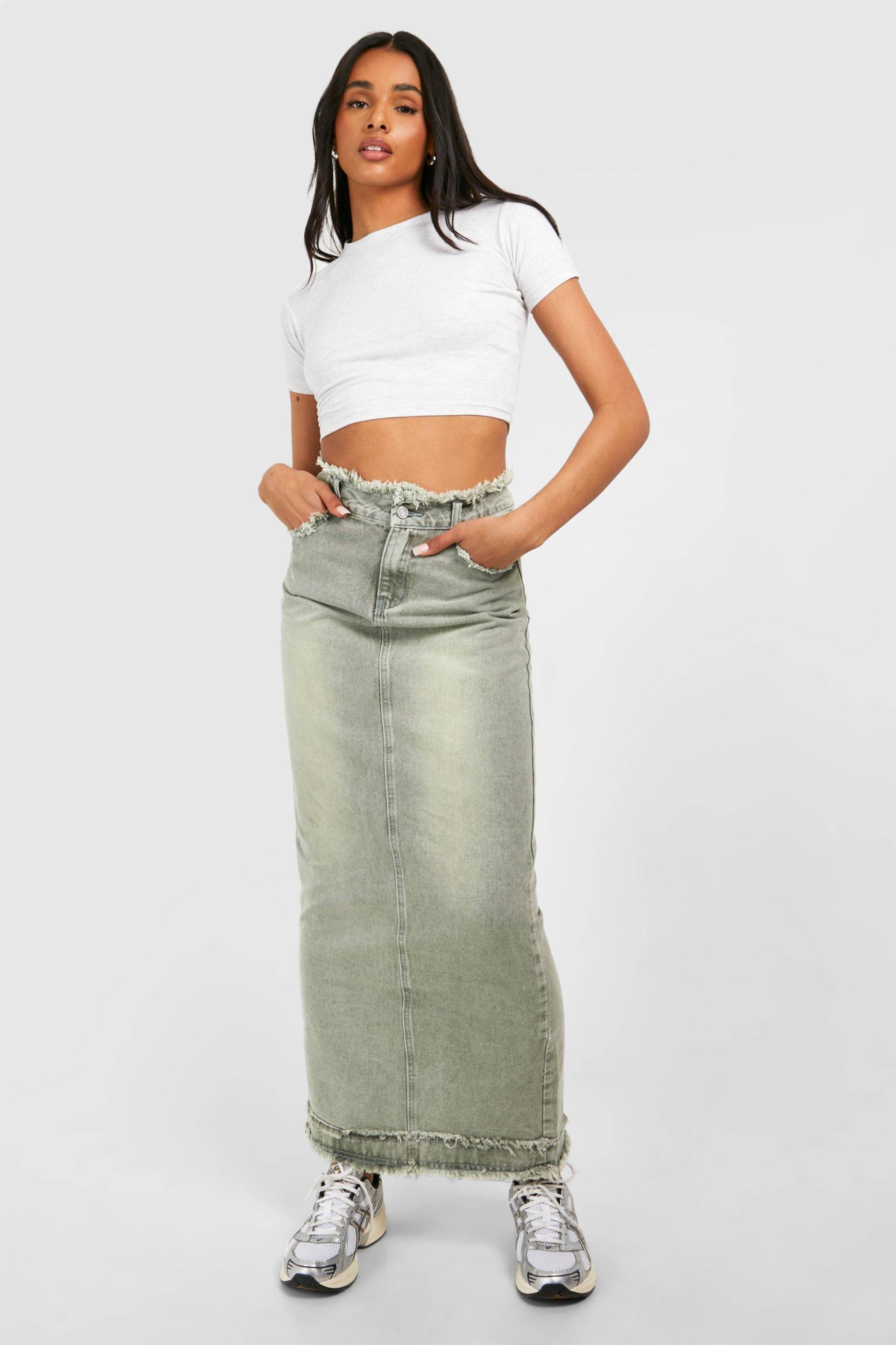 Womens Tall Fray Seam Detail Washed Midaxi Skirt - Khaki - 14, Khaki von boohoo