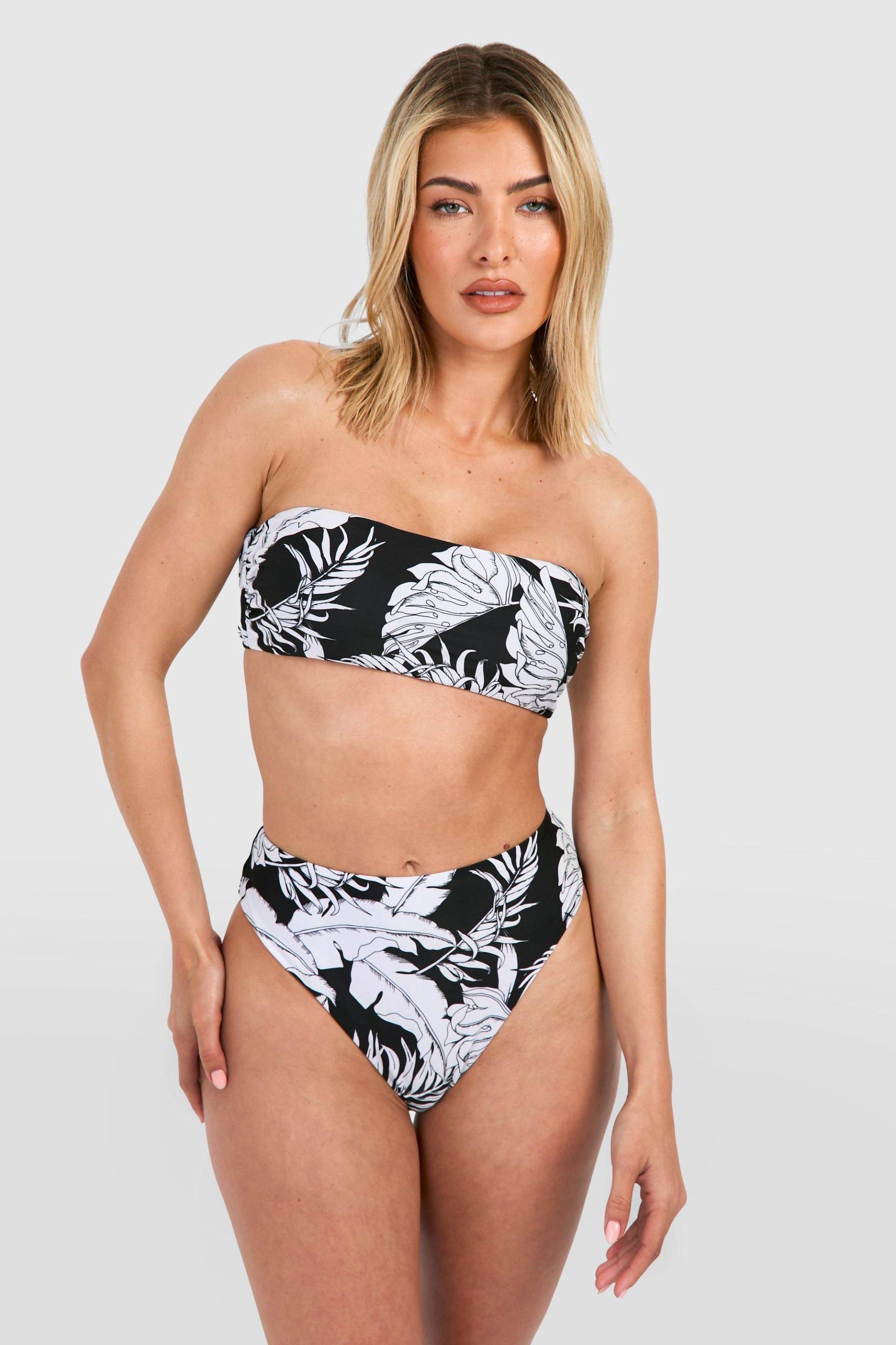 Womens Tropical Bandeau High Waist Bikini Set - Black - 10, Black von boohoo