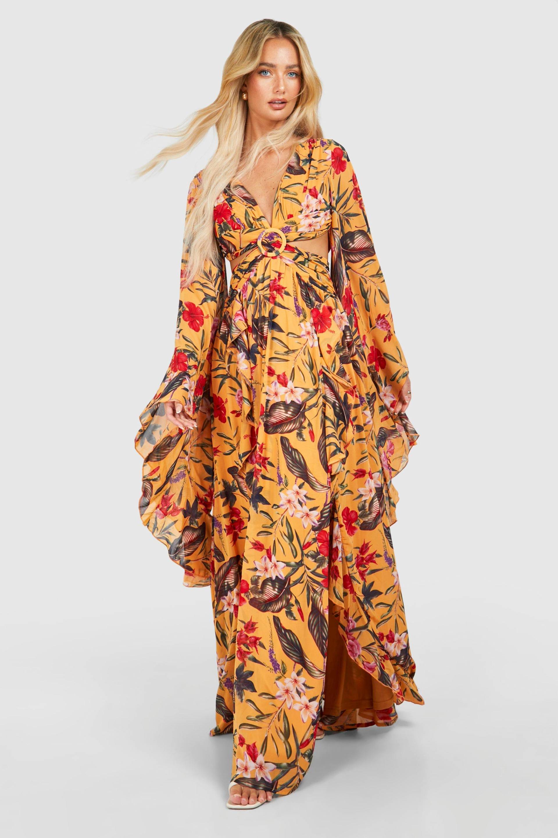 Womens Tropical Floral Chiffon Print Cut Out Maxi Dress - Orange - 10, Orange von boohoo
