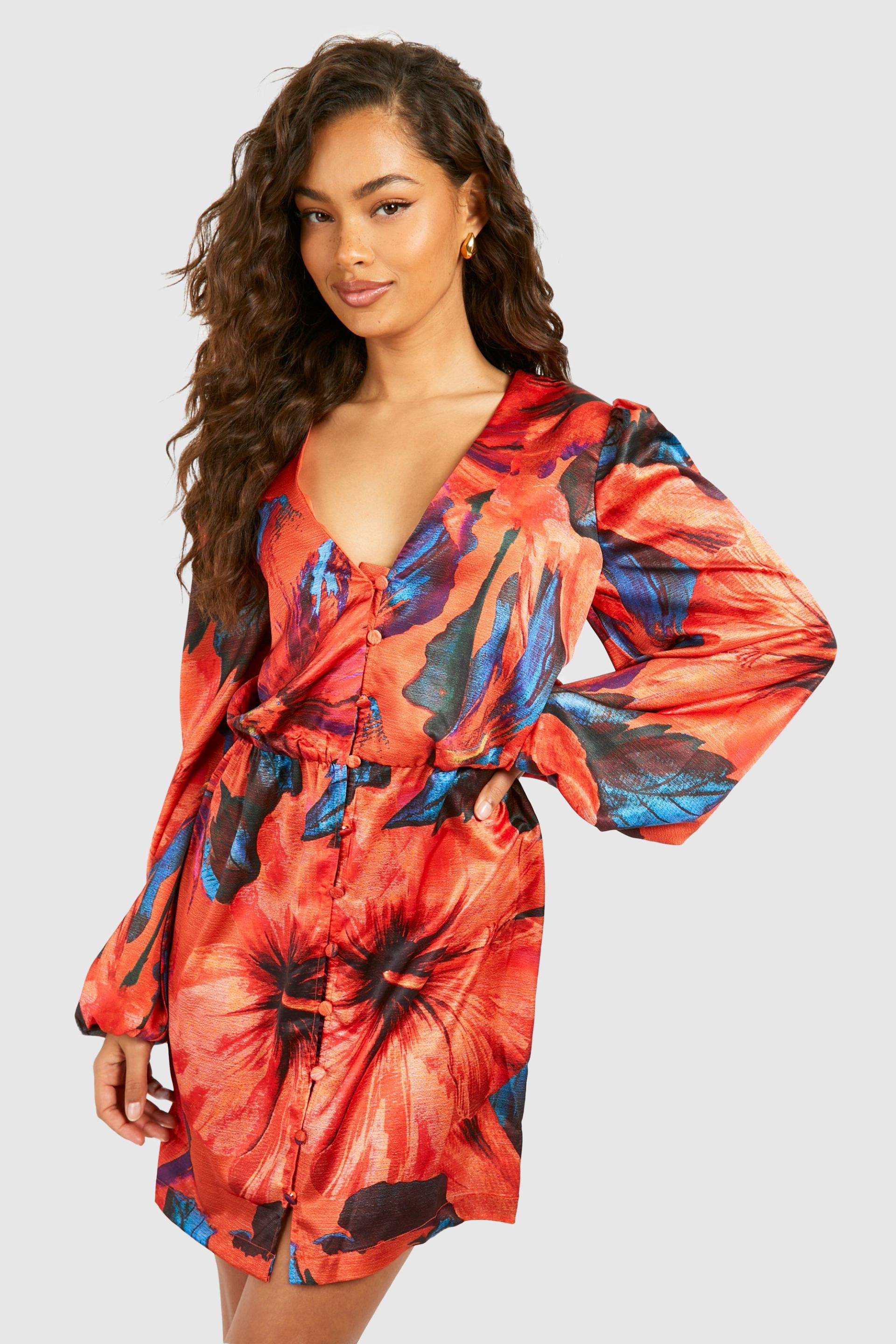 Womens Tropical Print Blouson Sleeve Mini Dress - Orange - 12, Orange von boohoo