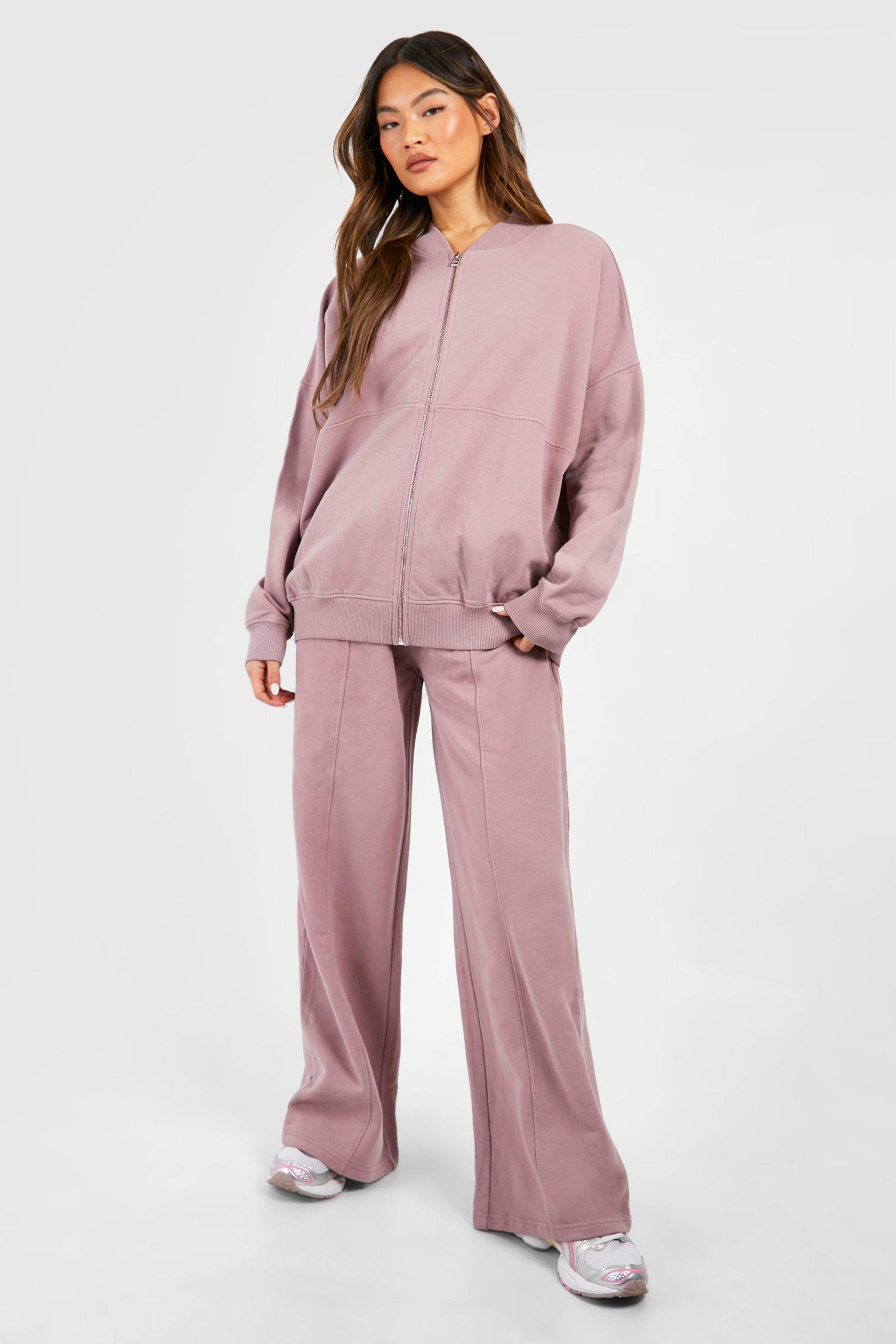 Womens Washed Zip Through Bomber Straight Leg Tracksuit - Rose - M, Rose von boohoo