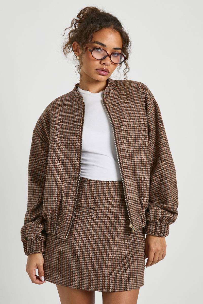 Womens Wool Look Check Bomber Jacket - Brown - 34, Brown von boohoo