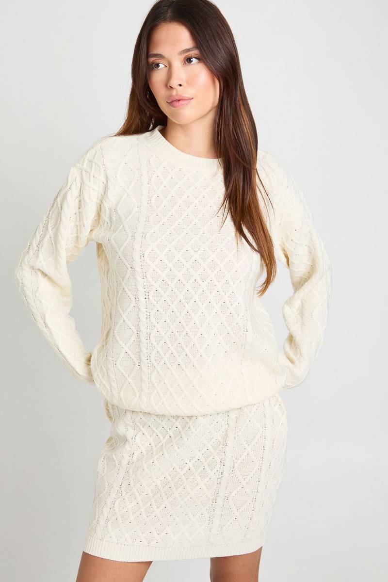 Zopfmuster-Pullover & Minirock - Cream - 38, Cream von boohoo
